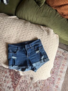 Hollister Distressed Dark Blue Rolled-Hem Jean Shorts